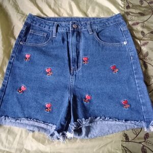 ROMWE Blue Denim Shorts with Red Heart Embroidery